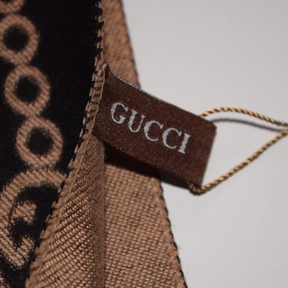 New GUCCI Hysteria Crest Logo Black Beige Reversible Wool Blend Sarf - Picture 6 of 6